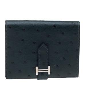 Pre Owned Hermes Dark Green Ostrich Bearn Wallet