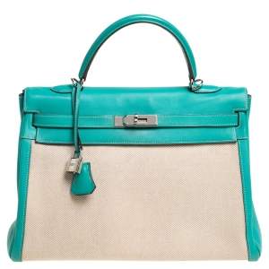 Pre Owned Hermes Lagon Toile and Swift Leather Palladium Hardware Kelly Retourne 35 Bag