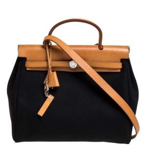 Pre Owned  Hermès Black/Natural Canvas and Leather Herbag Zip 31 Bag