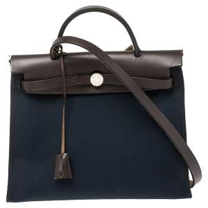 Pre Owned Hermes Navy Blue/Brown Canvas and Leather Herbag Zip 31 Bag