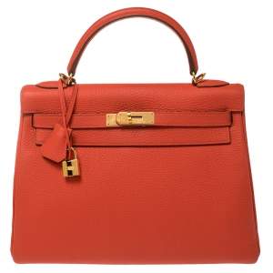 Hermes Rouge Pivoine Togo Leather Gold Hardware Kelly Retourne 32 Bag