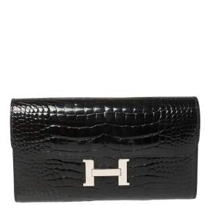 Pre Owned Hermes Black Shine Alligator Palladium Hardware Constance Wallet