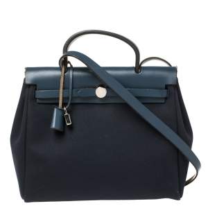 Pre Owned Hermes Blue Marine/Saphir Canvas and Leather Herbag Zip 31 Bag