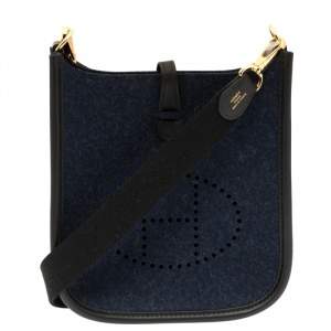 Pre Owned Hermes Blue Nuit/Black Feutre and Swift Leather Evelyne I TPM Bag