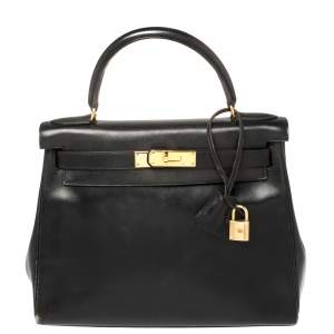 Pre Owned Hermes Black Box Calf Leather Gold Hardware Kelly Retourne 28 Bag