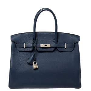 Hermes Blue Sapphire Clemence Leather Palladium Hardware Birkin 35 Bag