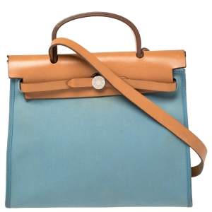 Pre Owned Hermes Natural/Blue Lin Canvas and Leather Herbag Zip 31 Bag