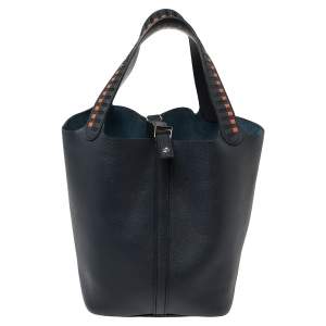 Pre Owned Hermes Bleu Indigo/Black/Terre Battue Epsom Leather Picotin Lock Cuir De Tressage MM Bag