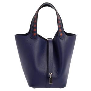 Pre Owned Hermes Bleu Encre/Brique/Black Epsom Leather Picotin Lock Tressage PM Bag