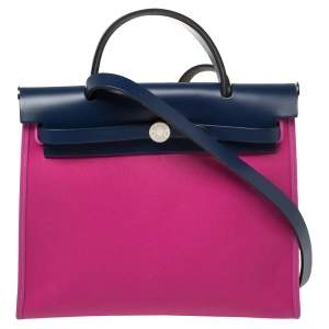 Pre Owned Hermes Magnolia/Bleu Saphir Canvas and Leather Herbag Zip 31 Bag