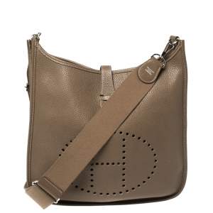 Pre Owned Hermes Etoupe Togo Leather Evelyne III GM Bag