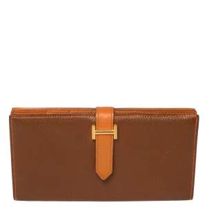 Pre Owned Hermes Noisette/Orange Chevre Leather Bearn Gusset Wallet
