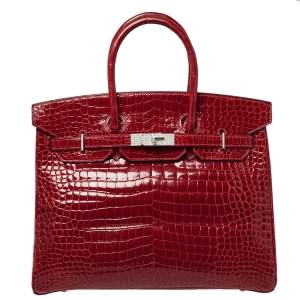 Pre Owned Hermès Rouge Braise Porosus Crocodile 18K White Gold Encrusted Diamond Birkin 35 Bag