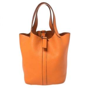 Pre Owned Hermes Orange Togo Leather Lock Picotin PM Bag