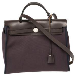 Pre Owned Hermes Cacao/Prune Canvas and Leather Herbag Zip 31 Bag