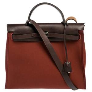Pre Owned Hermes Rouge H/Ebene Canvas and Leather Herbag Zip 31 Bag