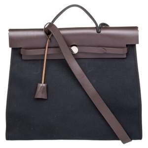 Pre Owned Hermes Black/Cacao Canvas and Leather Herbag Zip 39 Bag