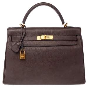 Pre Owned Hermes Chocolat Taurillon Clemence Leather Gold Hardware Kelly Retourne 32 Bag