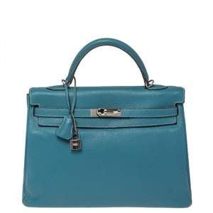 Pre Owned Hermes Bleu Jean Taurillon Clemence Leather Palladium Hardware Kelly Retourne 35 Bag