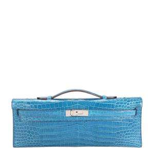 Hermes Blue Brighton Shiny Porosus Crocodile Leather Palladium Hardware Kelly Cut Bag