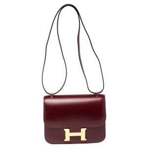 Pre Owned Hermés Rouge H Veau Monsieur Leather Gold Plated Constance 18 Bag