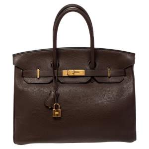 Hermes Cacao Taurillon Clemence Leather Gold Plated Birkin 35 Bag