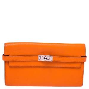 Hermès Orange Chevre Mysore Leather Kelly Classic Wallet 