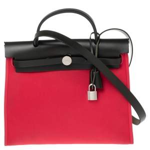 Pre Owned Hermes Rose Extreme/Kaki Canvas and Leather Herbag Zip 31 Bag