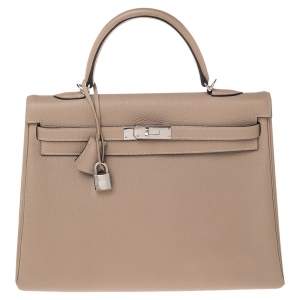 Pre Owned Hermes Gris Tourterelle Togo Leather Palladium Plated Kelly Retourne 35 Bag