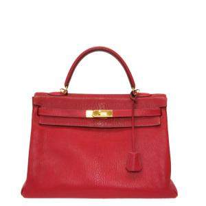 Hermes Red Chevre Coromandel Leather Gold Hardware Kelly 35 Bag 