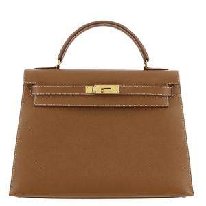 Hermes Brown CourchevelLeather Gold Hardware Kelly 32 Bag
