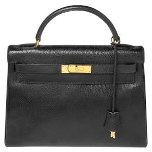 Pre Owned Hermes Black Ardenes Leather Gold Plated Kelly Retourne 32 Bag