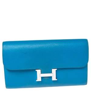 Pre Owned Hermes Mykonos Evercolor Leather Palladium Plated Constance Long Wallet