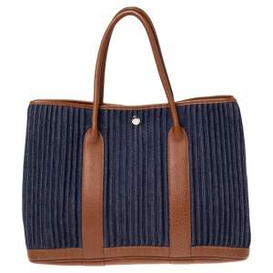 Pre Owned Hermes Blue/Brown Denim and Leather Garden Party 36 Bag