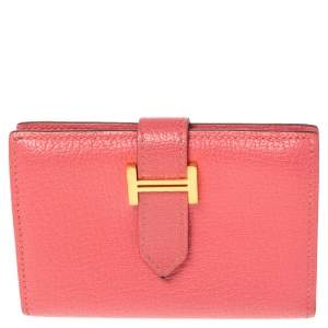 Pre Owned Hermes Rose Lipstick Evercolor Leather Bearn Card Holder