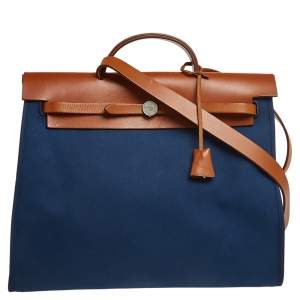 Pre Owned Hermes Bleu De Malte/Fauve Canvas and Leather Herbag Zip 39 Bag