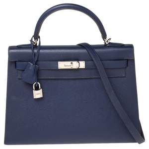 Pre Owned Hermes Blue Saphir Epsom Leather Palladium Plated Kelly Sellier 32 Bag
