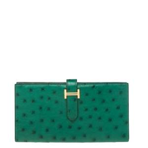 Pre Owned Hermes Vert Vertigo Ostrich Bearn Gusset Wallet