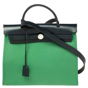 Pre Owned Hermes Bamboo/Bleu Indigo Canvas and Leather Herbag Zip 31 Bag