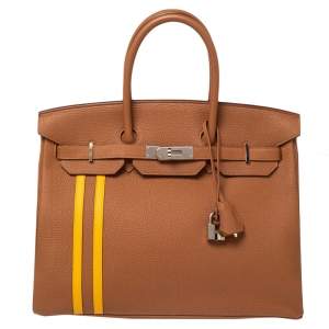 Hermès Gold/Jaune Togo and Swift Leather Palladium Finish Officier Birkin 35 Bag
