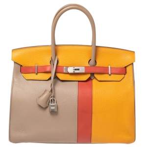 Hermes Gris Tourterelle/Moutarde Clemence And Sanguine Swift Leather Palladium Plated Limited Edition Birkin 35 Bag