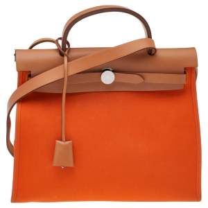 Pre Owned Hermes Brown/Orange Canvas And Leather Herbag Zip PM Bag