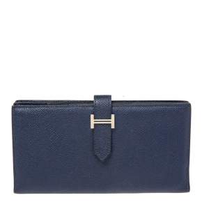 Pre Owned Hermes Navy Blue  Epsom Leather Bearn Gusset Wallet