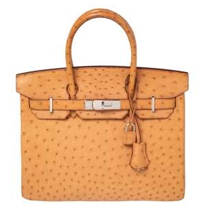 Hermes Tabac Camel Ostrich Palladium Plated Birkin 30 Bag