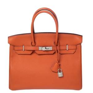 Hermes Terre Battue Togo Leather Palladium Plated Birkin 35 Bag