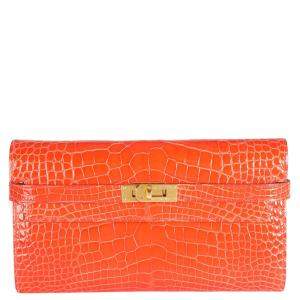 Hermes Tangerine Shiny Alligator Leather Classic Kelly Wallet