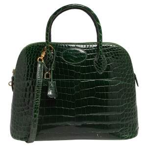 Pre Owned Hermes Vert Fonce Crocodile Porosus Gold Plated Bolide 35 Bag