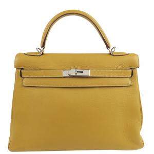 Hermes Yellow Taurillon Clemence Leather Palladium Hardware Kelly 32 Bag 