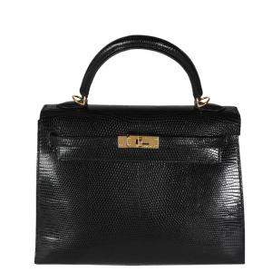Hermes Black Shiny Lizard Leather Gold Hardware Kelly Sellier 25 Bag 