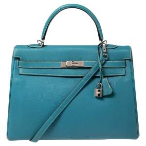 Hermes Bleu Jean Togo Leather Palladium Plated Kelly Retourne 35 Bag